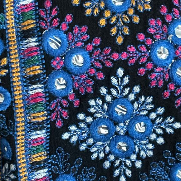 Catina Black Tunic Blouse Blue Geometric Embroidery Tassel Tie Ruffled MED Boho - Picture 7 of 10